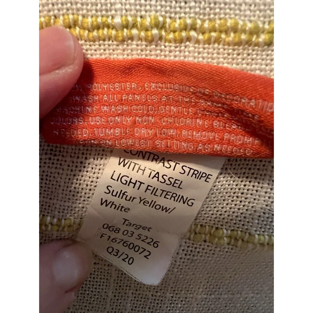 2 Opalhouse Curtain panels 84” X 54” yellow & White Stripe Tassel Trim drape rod